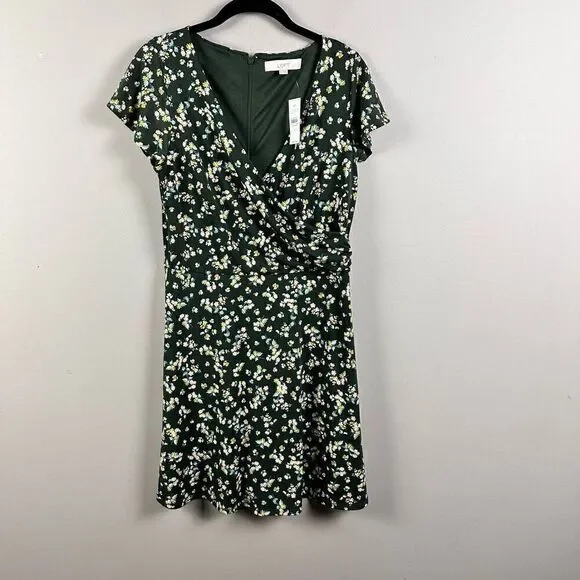 Ann Taylor Loft green ditsy mini floral bouquet v neck faux wrap dress - Picture 3 of 10